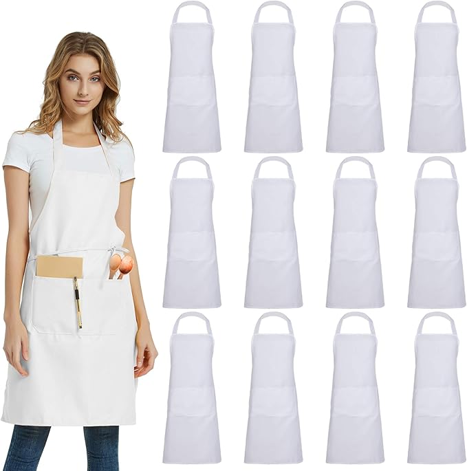 DUSKCOVE 12 Pack Plain Bib Aprons with 2 Pockets - White Unisex Commercial Apron Bulk for Kitchen Cooking Restaurant BBQ Painting Crafting by DUSKCOVE