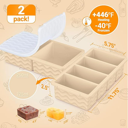 Silicone Freezer Molds for Soup with Lid, 1-Cup & 2-Cup Large Ice Cube Trays Food Storage Containers for Meal Prep, Freeze 500mL/250mL/125mL Portions – 2 Pack