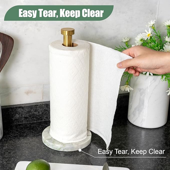 Koville Genuine Marble Paper Towel Holder Countertop, 6" Stone Base Gold Rod Paper Towel Holder Stand for Kitchen Storage, for Standard or Jumbo-Sized Rolls - Image 4