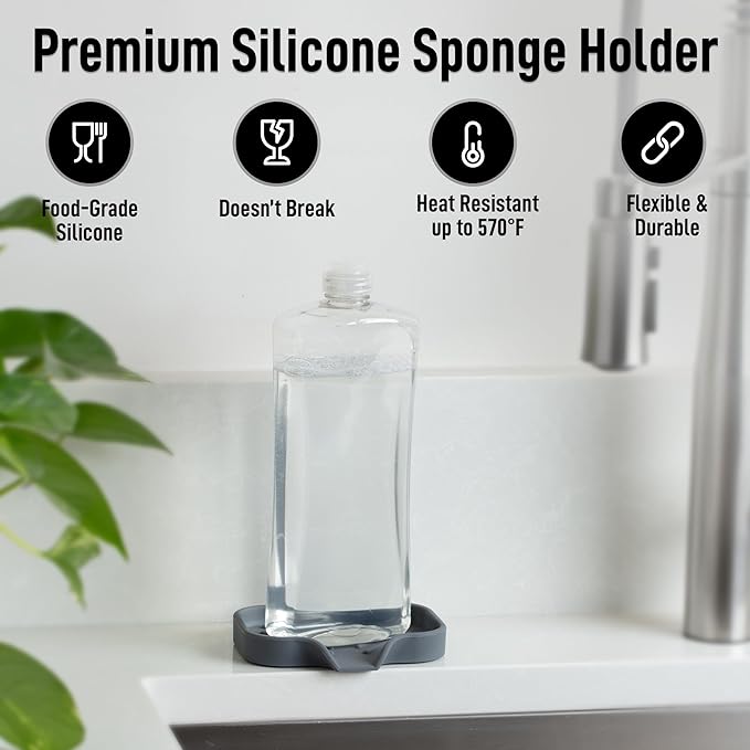 Zulay Kitchen Small Silicone Sponge Holder (4.9x3.3”) – Space-Saving Sink Organizer Tray for Sponge, Soap, Brush & More – Compact Non-Slip Dish for Kitchen & Bathroom (Grey) - Image 2