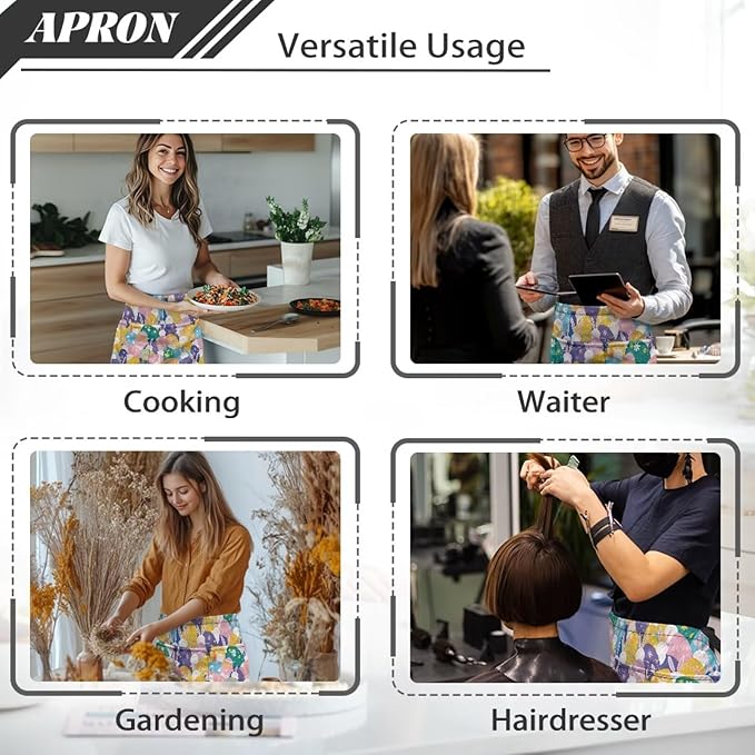 Server Apron with 3 Pockets, Waterproof Oil Waitress Waiter Half Apron for Restaurant Hotel Kitchen Cafe