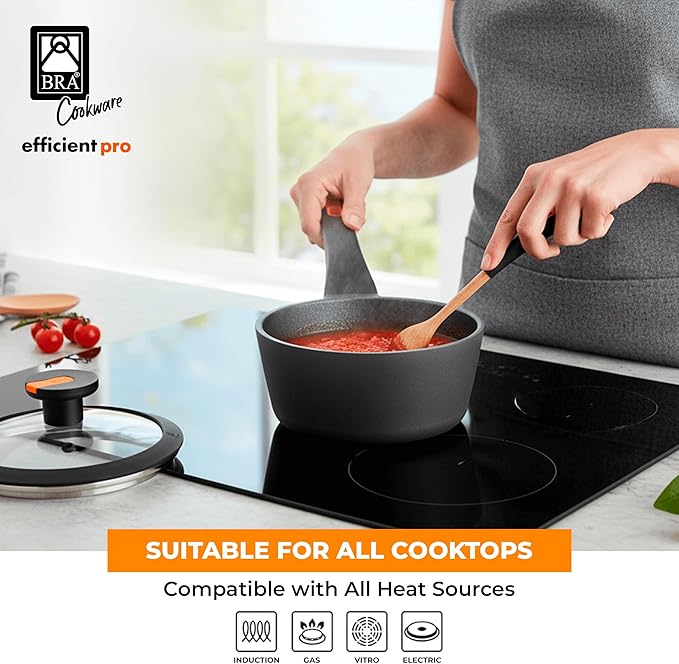 BRA COOKWARE Efficient Pro Nonstick Saucepan w/Lid | 6.3 Inch 1.13 Quart Shallow Pot | 3-Layer Scratch Resistant Coating | PFOA Free Low Pot | All Cooktops Soup Pan | Ergonomic Heat-Resitant Handles