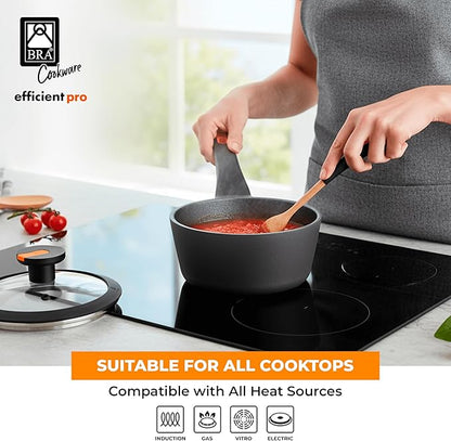 BRA COOKWARE Efficient Pro Nonstick Saucepan w/Lid | 6.3 Inch 1.13 Quart Shallow Pot | 3-Layer Scratch Resistant Coating | PFOA Free Low Pot | All Cooktops Soup Pan | Ergonomic Heat-Resitant Handles