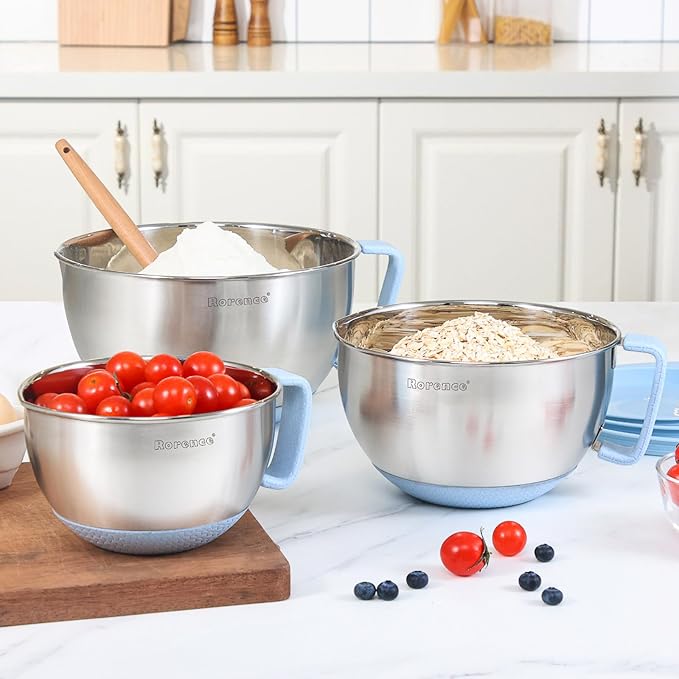Rorence Stainless Steel Mixing Bowls Set: Non-Slip Silicone Bottom Kitchen Bowls with Pour Spout, Handle and Lid - Set of 3 - Light Blue - Image 7