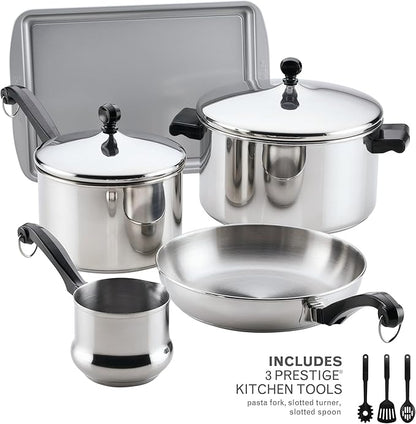 Farberware Classic Series Stainless Steel Pots and Pans with Baking Sheet Pan, Cooking Tools, and Lids, Induction Ready, Dishwasher Safe, 10 Piece Cookware Set, Metal Utensil Safe - Stainless Steel - Image 2