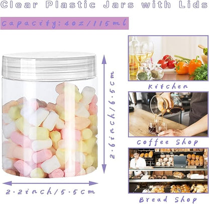20 Pack 4oz Clear Plastic Jars with Lids,115ml Wide-Mouth Refillable Storage Containers,Empty Round Containers for Candy,Beads,Lotion,Slime Making and Food Storage - Image 2