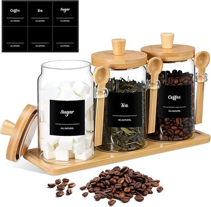 Suclain 3 Pcs Glass Coffee Container with Wooden Lid Spoon Shelf Labels Clear Airtight Jar Food Storage Canister Set for Sugar Spice Coffee Bean Holder Housewarming Gift(25 oz,Natural Bamboo) by Suclain
