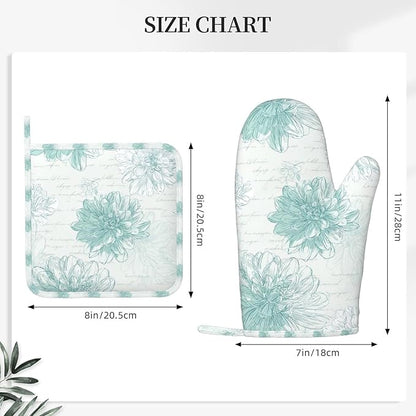 Oven Mitts and Pot Holders Dahlia Flower Pastel Vintage Silicone Kitchen Accessories Set of 4 Heat Resistant Long Gloves Potholder Non-Slip Grip for Chef Cooking Baking Grilling BBQ