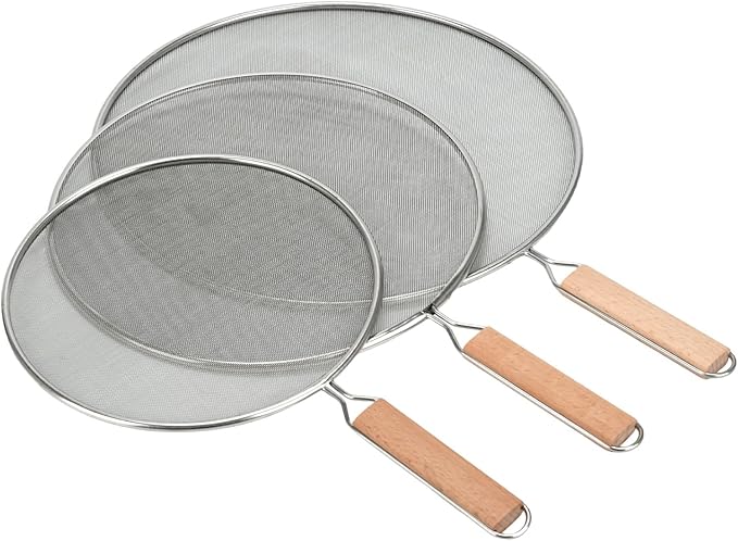 3 Pieces Grease Splatter Screen for Frying Pan, 21/25.5/29cm, with Wooden Handle by Zalaxt