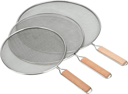 3 Pieces Grease Splatter Screen for Frying Pan, 21/25.5/29cm, with Wooden Handle by Zalaxt