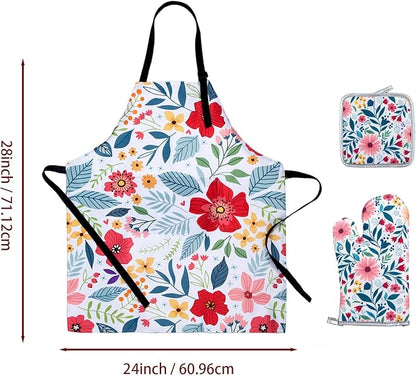 Floral Apron and Oven Mitt Set 5 Piece,Pioneer Woman Style Kitchen Aprons with Pockets, Heat Resistant Oven Gloves and Pot Holders Trivets, Vintage Farmhouse Decor Cooking Baking Gifts.