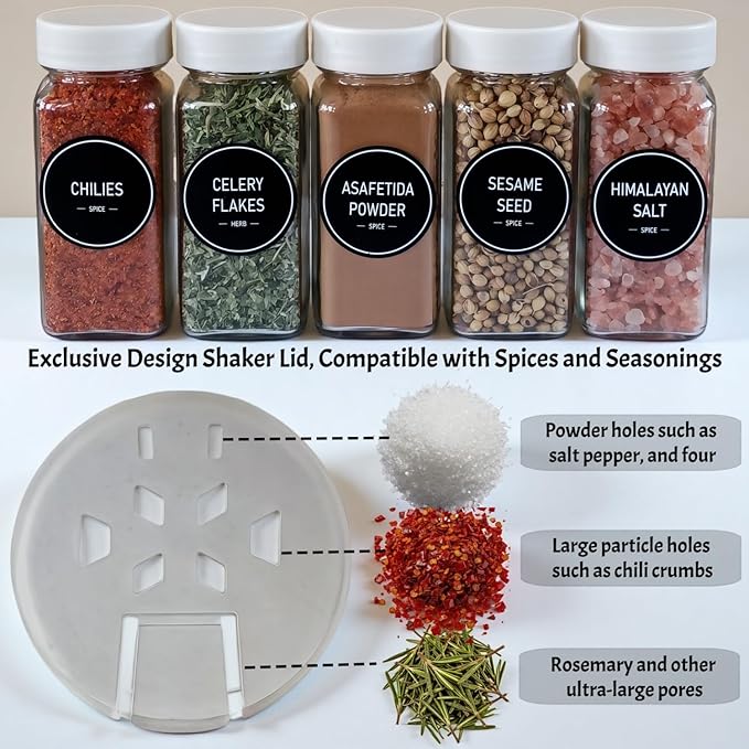 Spice Jars with Labels - 24 Glass Spice with Shaker Lids & Airtight Plastic Caps - 4oz Complete Seasoning Containers Organizer Set for Cabinet, Drawer & Rack (Beige) - Image 5