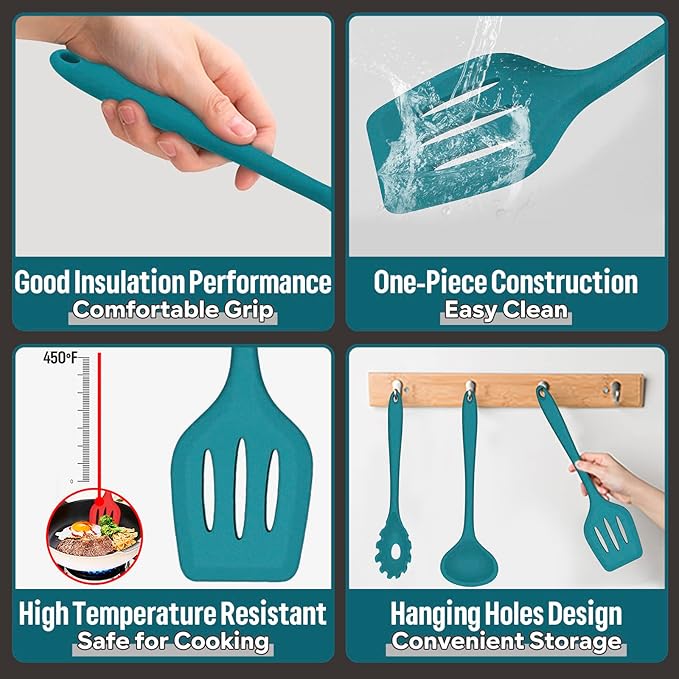 Silicone Cooking Utensils Set, E-far 7-Piece Blue Heat Resistant Kitchen Utensils Set, Kitchen Nonstick Tools Spatula Ladle Spoon Pasta Server for Non-stick Cookware, Non-Toxic & Dishwasher safe - Image 3