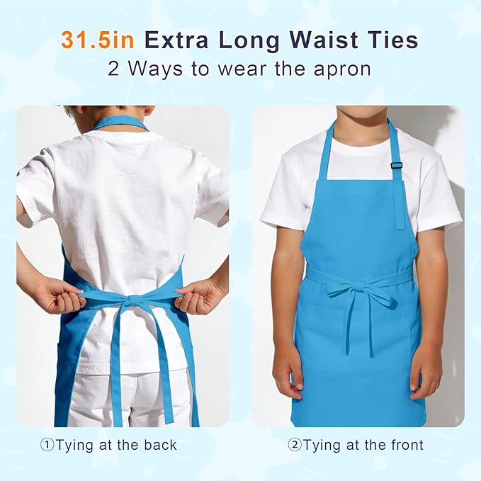 Kids Apron and Chef Hat Set, 16 Pieces Boys Girls Kids Apron with 2 Pockets Adjustable for Cooking Classroom Baking Painting, 6-13 Years, Multicolor