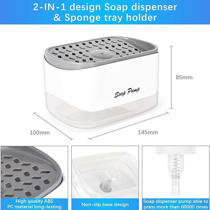 Kitchen Dish Soap Dispenser with Sponge Holder, 2-in-1 Countertop Soap Pump Dispenser, for Kitchen Sink Dishwashing Soap Dispenser - 12.5 Ounces - Image 2