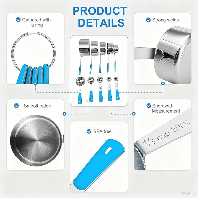Bopei Measuring Cups and Spoons Set Stainless Steel 10 Piece for Cooking and Baking (5 Cups + 5 Spoons, Light Blue Handle) - Image 3