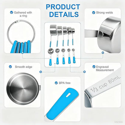 Bopei Measuring Cups and Spoons Set Stainless Steel 10 Piece for Cooking and Baking (5 Cups + 5 Spoons, Light Blue Handle) - Image 3