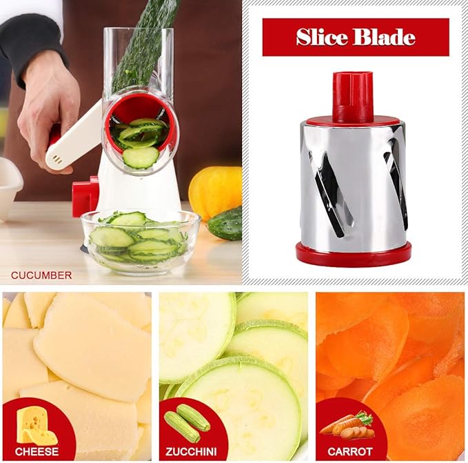 Ourokhome Rotary Cheese Grater Hand Crank, Kitchen Shredder Speed Mandolin Slicer Nuts Grinder with Handle and Drum Blades for Cheese, Vegetable, Chocolate, Potato, Carrot, 3 Blades, White Red - Image 3