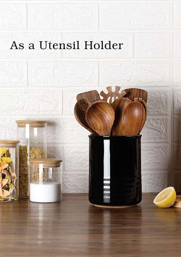ABRUTY Utensil Holder, 6.7" Ceramic Kitchen Utensil Crock for Countertop Cooking, Modern Utensil Caddy Jar Organizer for Farmhouse Kitchen Counter Decor (Black) - Image 3
