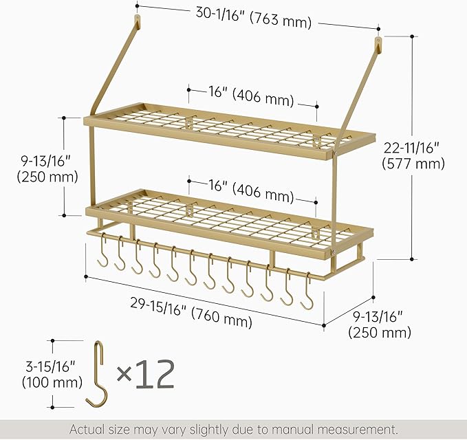 KES 30-Inch Gold Pot Rack Wall Mounted, 2-Tier Hanging Pot and Pan Organizer with 12 Sturdy Hooks, Elegant Modern Kitchen Wall Hanger Shelves, KUR215S75B-GD - Image 6