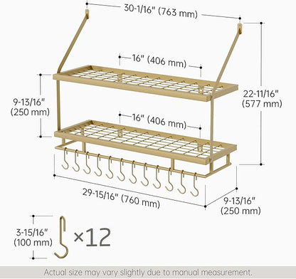 KES 30-Inch Gold Pot Rack Wall Mounted, 2-Tier Hanging Pot and Pan Organizer with 12 Sturdy Hooks, Elegant Modern Kitchen Wall Hanger Shelves, KUR215S75B-GD - Image 6