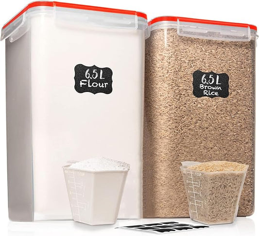 WHITE FEATHER SUPPLIES 2 PC [7 Qt / 6.5L / 220 Oz] Large Food Storage Containers with Lids Airtight - BPA Free Clear Plastic Kitchen and Pantry Storage Containers for Cereal, Flour, Sugar, Rice