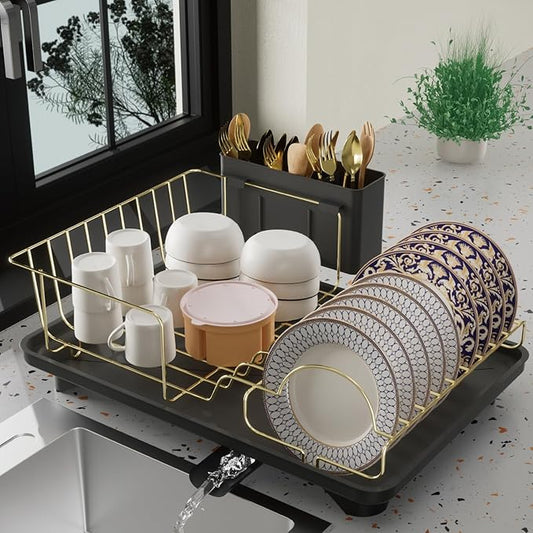 Buruis Dish Drying Rack for Kitchen Countertop, Large Capacity Gold Stainless Steel Dish Drainer with Anti-Slip Rubber Feet, Removable Drain Board and Utensil Holder (Black Tray) by KeepYourBathroomKitchenandHomeOrganized