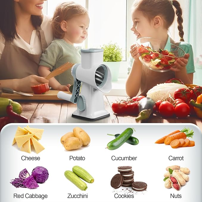 Cheese Grater Cheese Shredder with 3 Interchangeable Blades, Rotary Cheese Grater Manual Vegetable Slicer with Non-slip Suction Base Peanut Nuts Grinder Vegetable Shredder White - Image 7