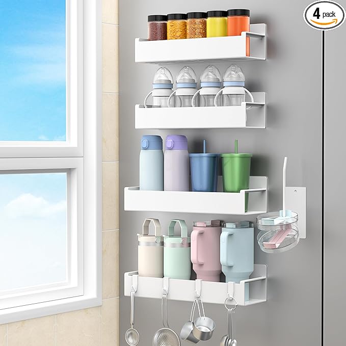 HuggieGems Magnetic Water Bottle Holder for Refrigerator, Cup Holder Organizer for Stanley and Tumbler for Kitchen, 4 Pack, White by HuggieGems