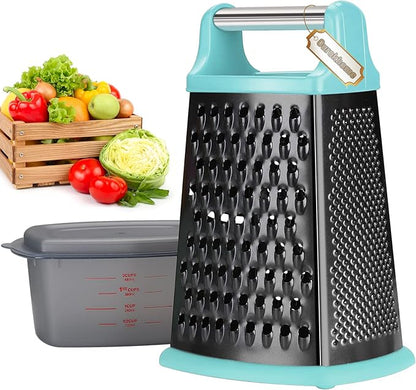 Ourokhome Cheese Grater with Handle, Stainless Steel Box Grater, 4 Side Kitchen Vegetable Shredder Slicer Zester with Container for Parmesan, Cabbage, Ginger, Lemon, Chocolate, Coconut (Teal black) by Ourokhome
