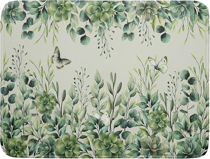 Giwawa Spring Summer Leaf Dish Drying Mat for Countertop, 18"x24" Eucalyptus Leaves Butterfly Dish Drainer Mats, Sage Green Fast Dry Microfiber Large Dish Drying Pad Decoration