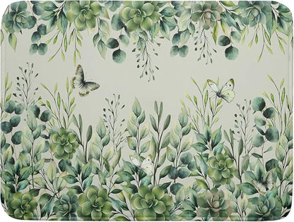 Giwawa Spring Summer Leaf Dish Drying Mat for Countertop, 18"x24" Eucalyptus Leaves Butterfly Dish Drainer Mats, Sage Green Fast Dry Microfiber Large Dish Drying Pad Decoration