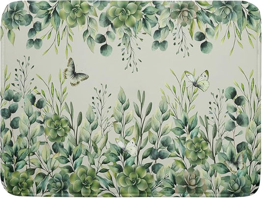 Giwawa Spring Summer Leaf Dish Drying Mat for Countertop, 18"x24" Eucalyptus Leaves Butterfly Dish Drainer Mats, Sage Green Fast Dry Microfiber Large Dish Drying Pad Decoration
