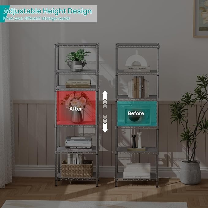 SINGAYE 6 Tier Shelf Wire Shelving Adjustable Storage Shelves Rack Standing Units for Kitchen Closet Laundry Bathroom Organizers Metal Pantry Narrow Mesh Gaps 10" D x 16" W x 60" H Gray - Image 7