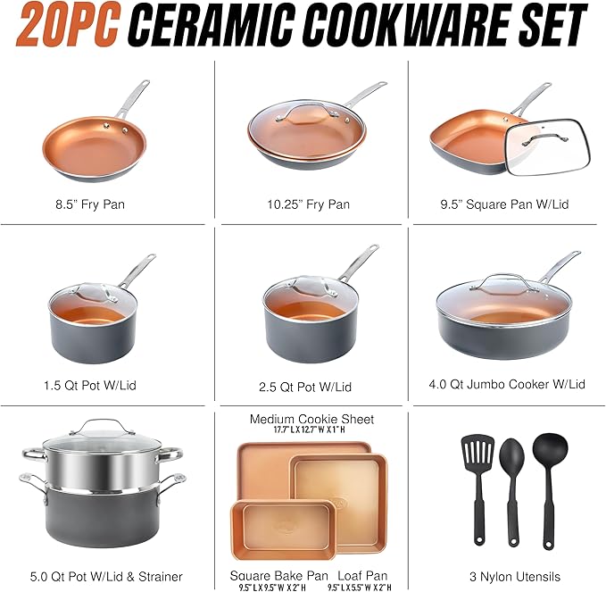 GOTHAM STEEL 20 Pc Ceramic Cookware Set, Copper Pots and Pans Set Non Stick with Bakeware, Cooking Utensils, and Steamer, Oven and Dishwasher Safe - Image 9