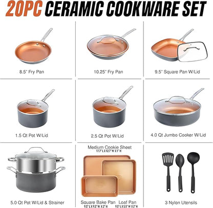 GOTHAM STEEL 20 Pc Ceramic Cookware Set, Copper Pots and Pans Set Non Stick with Bakeware, Cooking Utensils, and Steamer, Oven and Dishwasher Safe - Image 9