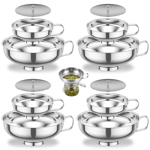 12 Piece Stainless Steel Canning Funnel Set with Strainers, Wide Mouth Mason Jar Funnels Bulk Pack, Metal Funnels for Filling Bottles, Canning Supplies for Preserving