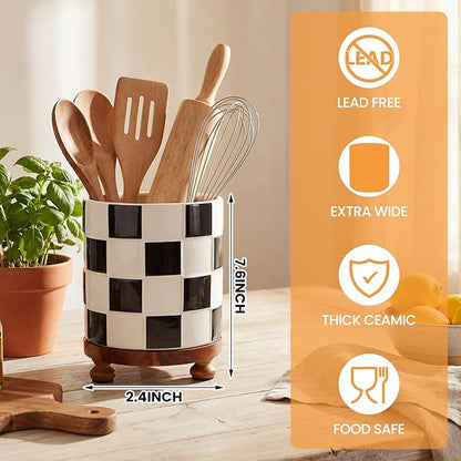 Kitchen Utensil Countertop Holder Checkered Utensil Crock with a Wooden Base 7.5 Inch Organizer Country Style Decorative for Storing Spoons Spatulas and Pot Spatulas