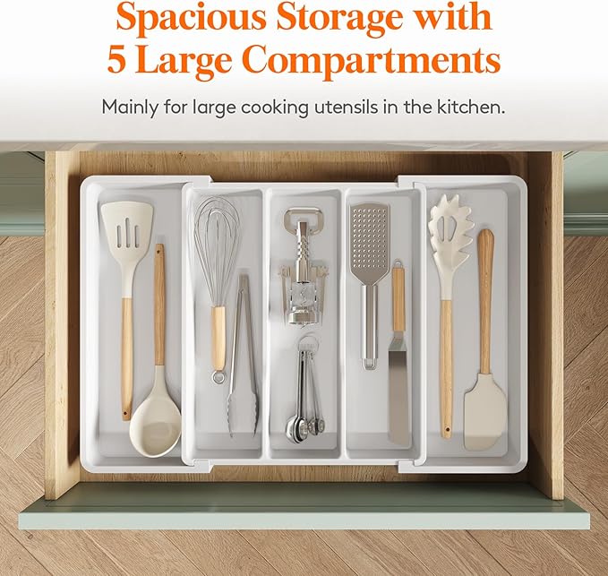 Lifewit Utensil Organizer for Kitchen Drawers, Expandable Cooking Utensil Tray, Adjustable Cutlery Silverware Flatware Holder, Plastic Spatula Tools Storage Divider, 13-22 x 15", White - Image 3