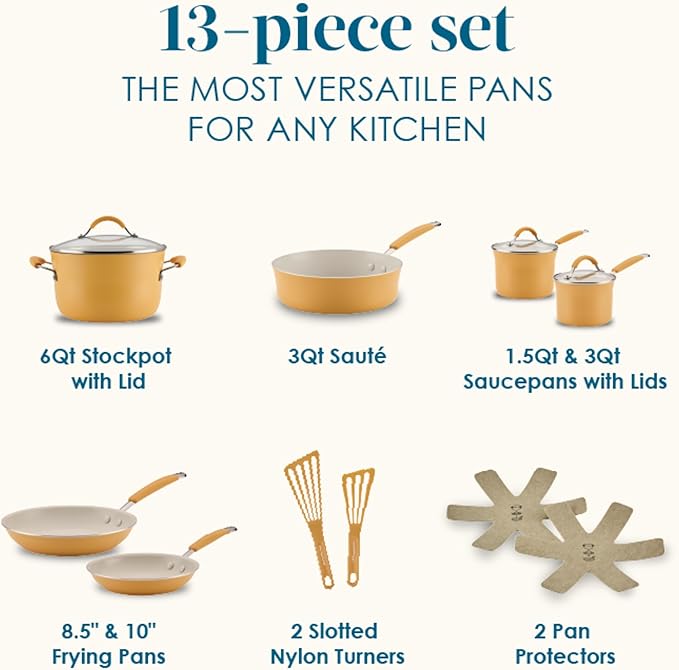 Rachael Ray Cucina Ceramic Cookware Set - 13 Pieces - Ceramic Pots and Pans Set w/Nonstick Frying Pans, Saute Pan, Saucepans, Stockpot, Lids, Pan Protectors & Cooking Utensils - Turmeric - Image 2