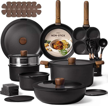 CAROTE 33pcs Pots and Pans Non Stick, Cookware Sets Detachable Handle, Induction Kitchen Pots and Pans,NonStick Cooking Set, Oven/Dishwasher/Fridge Safe, Space Saving by CAROTE