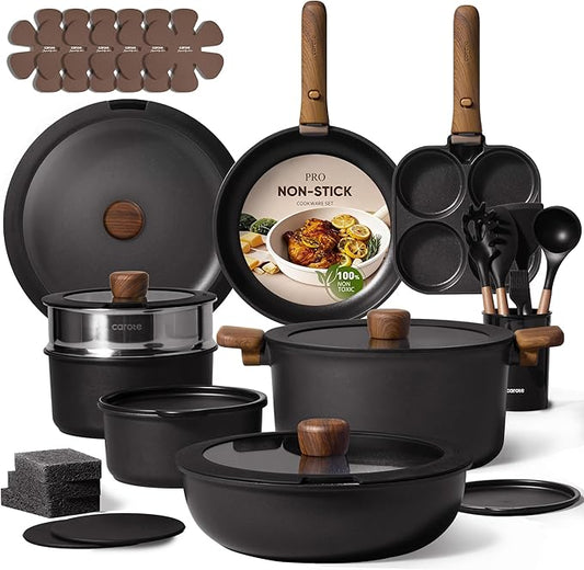 CAROTE 33pcs Pots and Pans Non Stick, Cookware Sets Detachable Handle, Induction Kitchen Pots and Pans,NonStick Cooking Set, Oven/Dishwasher/Fridge Safe, Space Saving by CAROTE
