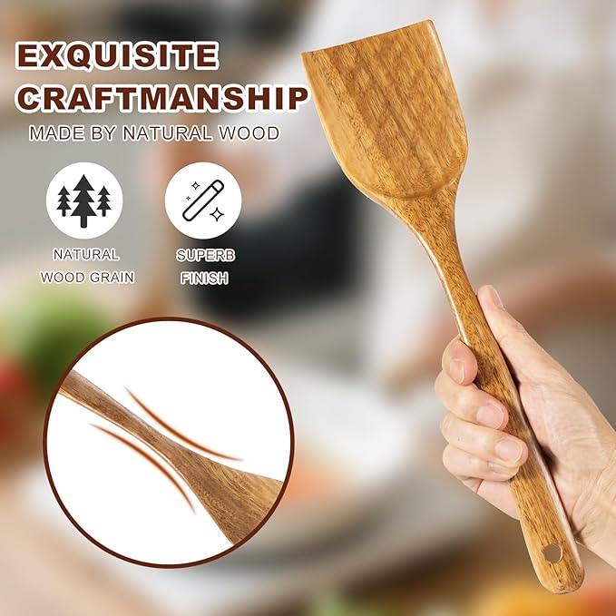 Wooden Spatulas, 2 PCs Natural Acacia Wooden Cooking Utensils Set for Non-stick Pan Kitchen Tool, flipping and Wok Spatula, Wooden Spoons & Spurtle for Cooking - Image 6