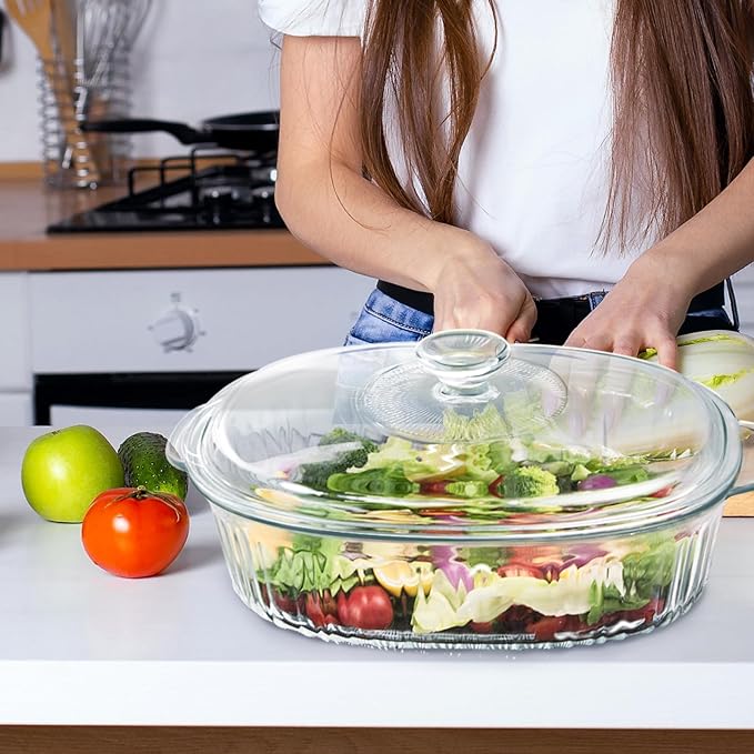 Luvan 2.8L/3Qt Glass Casserole Dish with Lid, Ribbed Oval Glass Baking Dish for Oven & Microwave, Clear Lead-Free Covered Casserole Cookware, Versatile Deep Glasses Food Container for Baking, Cooking - Image 8