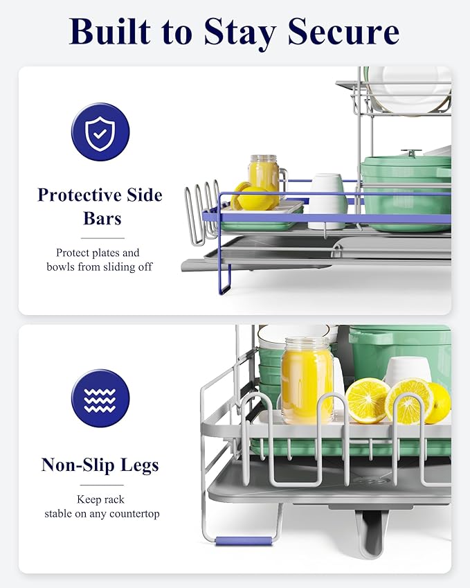 Kitsure Large Dish Drying Rack - Extendable Dish Rack, Multifunctional Dish Rack for Kitchen Counter, Anti-Rust Dish Drainers with Cutlery & Cup Holders 19.2"-26.7" L x 12.9" W x 13.6", Grey - Image 6