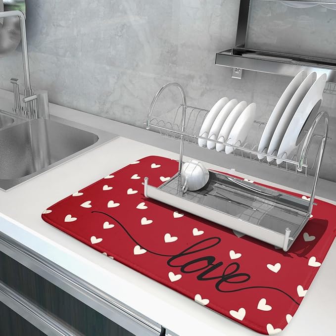 Giwawa Red Hearts Dish Drying Mat 18"x24", Valentines Day Symbol of Love Dish Drainer Mats, Romantic Reversible Dish Drying Rack Pad Protector for Kitchen Countertop Tabletop Large Decor