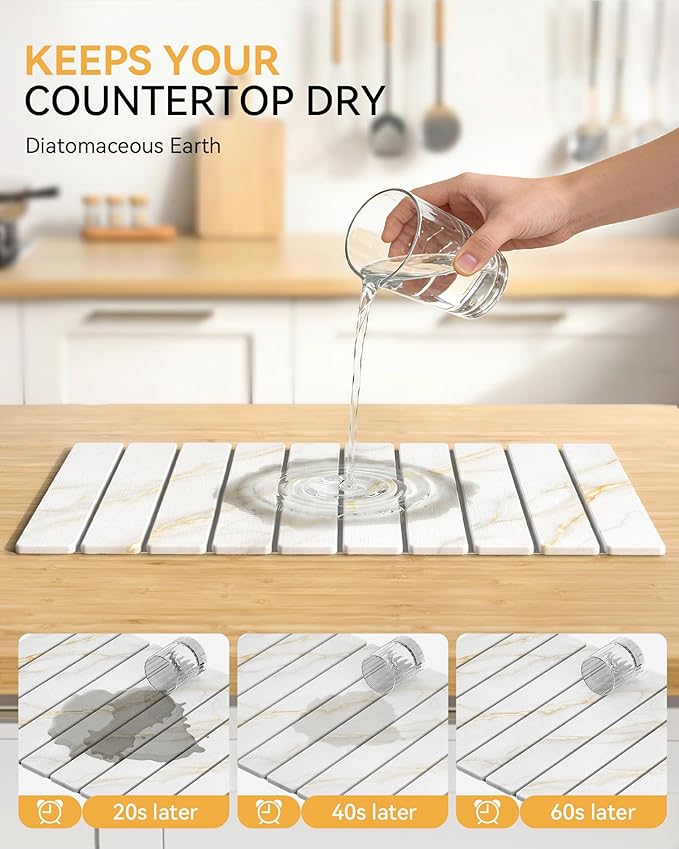 Yofidra Large Stone Dish Drying Mat for Kitchen Counter, Quick Dry Stone Mats with Absorbent Diatomaceous Earth, Foldable Roll Up Drying Organizer Pad for Utensils Plate, 24"×16", White Gold Marble - Image 4