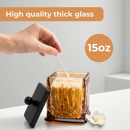 Qtip Holder,15Oz Amber Glass Apothecary Jars with Matte Black Lids for Bathroom Organization & Desk Storage,Thick Glass Apothecary Jars for Q-Tips,Cotton Rounds,Jewelry,Candy,Square