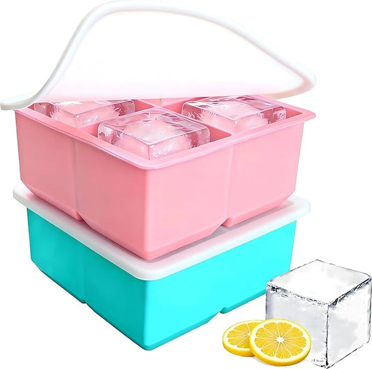 Large Silicone Ice Cube Tray 2Pack, Easy Release 2" Big Ice Cubes,Leak Proof Removable Lid Square Ice Cube Tray for Cocktail，Whiskey，Reusable Stackable Flexible Ice(Blue+Pink) (Blue) by Unknown