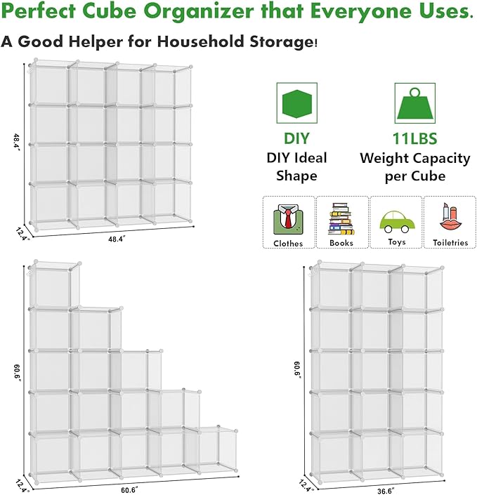C&AHOME Cube Storage Organizer, 16-Cube Shelves Units, Plastic Storage Cubes, DIY Closet Organizer, Modular Closet Storage Shelf Ideal for Home, 48.4" L × 12.4" W × 48.4" H Transparent Twill UPCS16T - Image 2